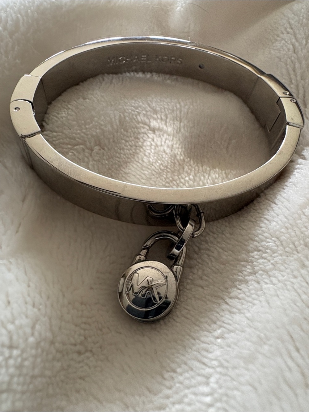 Michael Kors Silver Tone Padlock Charm Hinged Bangle Bracelet